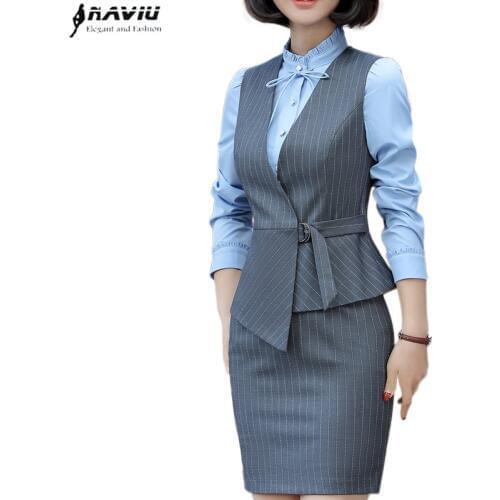 Naviu New Fashion and Elegant Women Skirt Vest Suit Summer Short Work Wear Two Pieces Set Office Ladies Formal Stripe Clothes