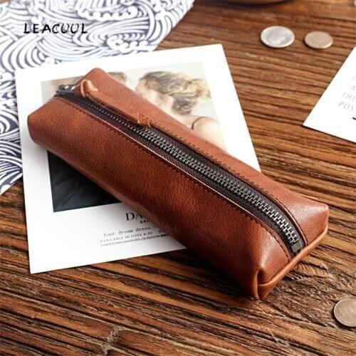 LEACOOL Leather Cowhide Fountain Pencil Bag Handmade Genuine Pen Cases Cover Sleeve Pouch Office School Students Supplies