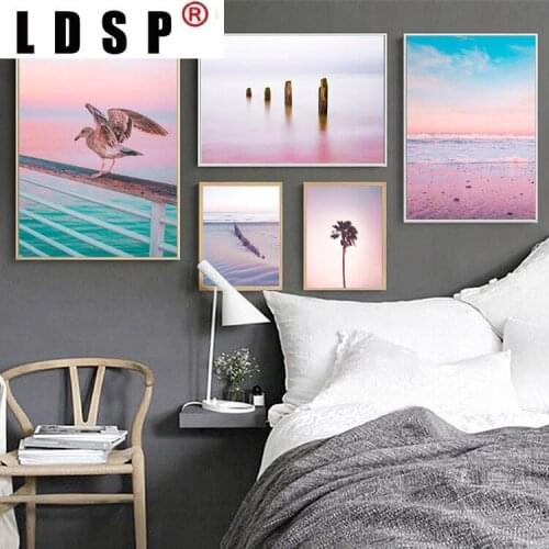 LDSP Pink Purple Beach Ocean Canvas Poster Print Sunrise Coconut Landscape Art Painting Seascape Picture Wall Decor