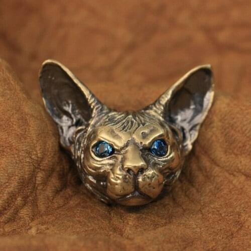LINSION Blue Eyes Details Brass Sphynx Cat Pendant Mens Biker Punk Pendant BR113 JP