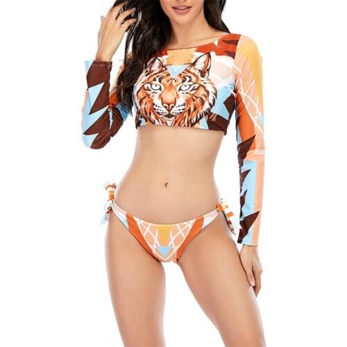 2021 Summer New Leopard Print Bikini Long Sleeve Sunscreen Swimsuit Ladies Beachwear Swimming Bikini Ladies Thong Swimsuit Set
