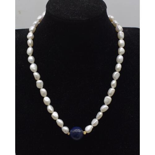 Wholesale freshwater pearl white baroque and blue lapis round necklace 17inch FPPJ nature beads