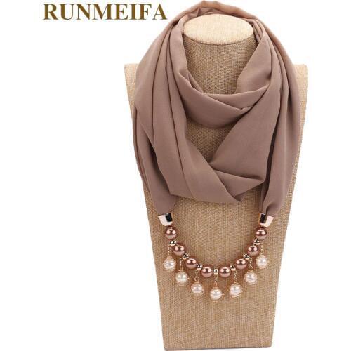 14 colors New design scarf necklace for women fashion pearl jewelry necklace of muslim Sun protection Wrapped Chiffon scarf gift