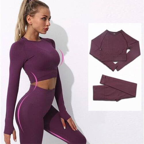 Sport Wear Women Set Long Sleeve Crop Top Vital Seamless Leggings High Wiast Two Pieces Yoga Clothes Workout Gym Outfit Suit