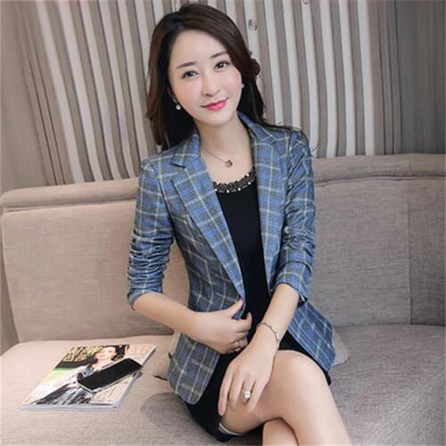 Spring and Autumn High Quality Plaid Small Suit Womens Jacket Slim New Plaid Suit Long Sleeve Short Casual