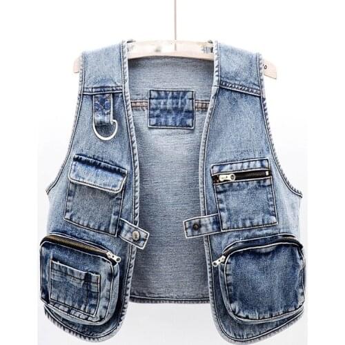 2021 Spring Autumn Womens Denim Vests Coat Sleeveless Casual Tops Female Jeans Waistcoats Denim Short Jackets Plus Size S-5XL