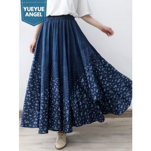 Free Shipping Long A-Line Maxi Skirts Print Women Belt Elastic Waist Spring Autumn Denim Jean Skirt Lady Blue Pleated Skirt