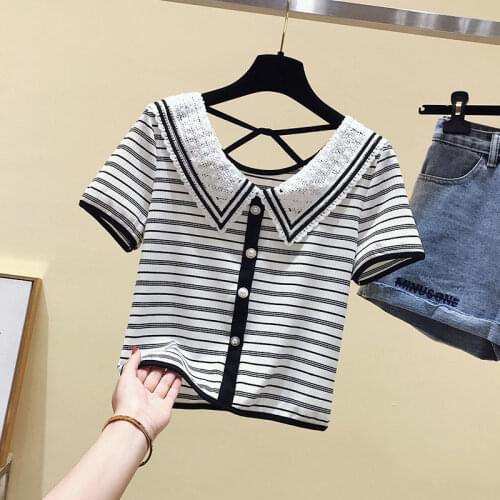 Woman TShirts Womens Black White Striped Short-Sleeved T-shirt Lace Peter Pan Collar Summer Short Top Crop Top Mujer Camisetas