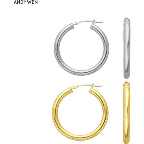 ANDYWEN 925 Sterling Silver Plain 22mm Big Round Hoops Women Luxury Circle Round Fashion Earring Piercing Ohrringe Luxury Jewelr