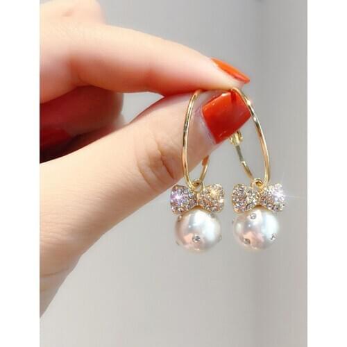 New 2020 fashion Elegant Water Drop pearl fine earrings sweet Korean shiny metal bowknot Women Drop earrings Jewelry