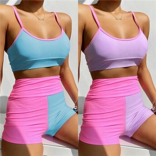Women’s Color Blocking 2Pcs Bikini Suit Low Neck Crop Tank Tops with High Waist Boxer Swim Bottoms Swimming Pool Travel Casual