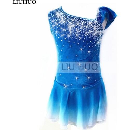 Figure Skating Dress Womens Girls' Ice Skating Dress Lake blue Gradient elastic mesh skirt Artificial water drill decoration