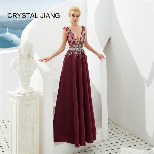New Arrival 2020 Sexy V Neck Heavy Beaded Wine Red A Line Shiny Fabric Formal Evening Dresses Long Luxury Party Gown