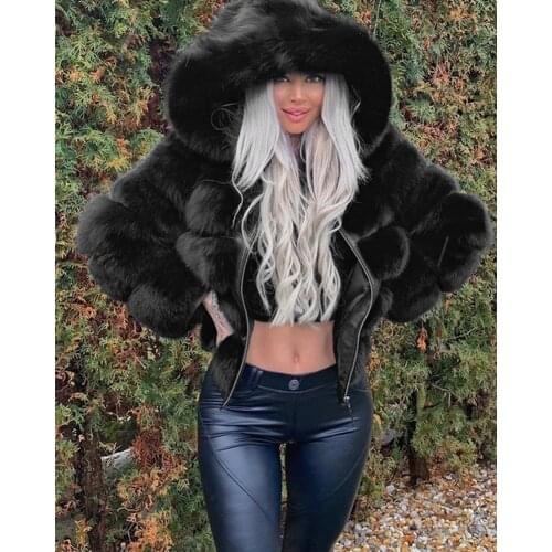 Faux Fur Coat Women Winter Fashion Long Sleeve Hooded Short Outerwear Casual Warm Fleece Elegant Ladies Coats Plus Size S-5XL