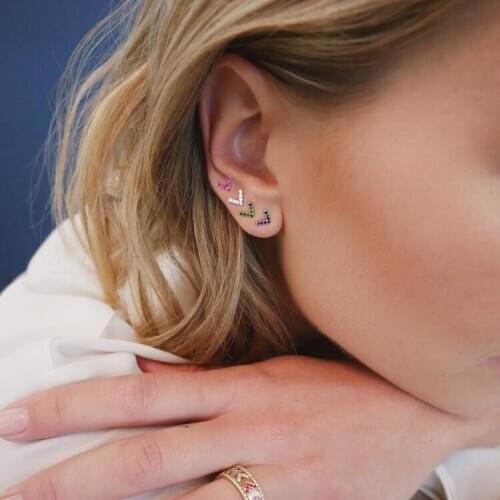 Gold filled 925 sterling silver mimi small studs red blue green white cz arrow earring rainbow colored stacking gorgeous jewelry