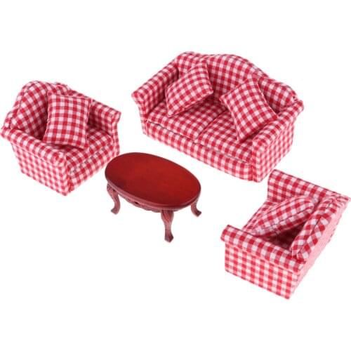 1/12 Dollhouse Miniature Living Room Furniture Decor Red Plaid Sofa Couch & Oval Tea Table Set Kids Pretend Play Toy