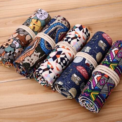 36/48 Holes Handmade Curtain Pencil Bag Canvas Colors Pencils Case Wrap Roll Up Students School Stationery Gift Retro Vintage