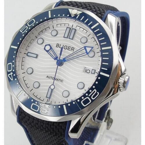 BLIGER Dress 41mm Automatic Men Watch 24Jewels NH35 Movement Rubber Strap Date Flat Sapphire Crystal Screw Crown Ceramic Insert