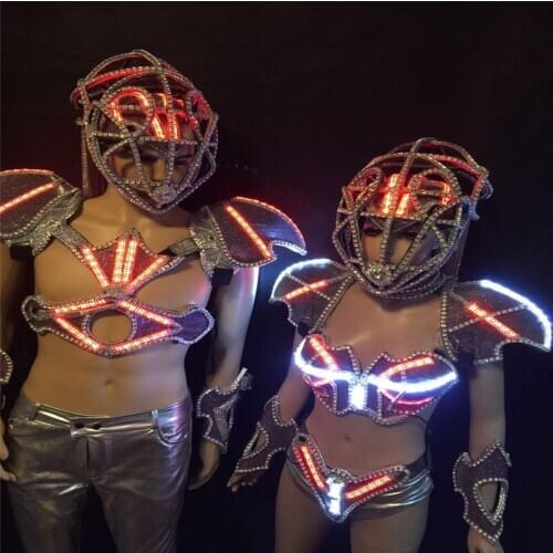 KS5 Catwalk performance dress dj sexy bodysuit bar led robot men stage costumes led luminous light headpiece party rave clothes
