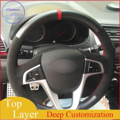For Hyundai Solaris RU 10-16 Verna 10-16 Custom Made DIY Anti Slip Black Carbon Fiber Steering Wheel Cover Anti-slip all season