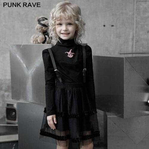 PUNK RAVE Childrens Gothic Black Childrenwear Strap Double-layer Mesh Bubble Skirt Removable PU Leather Shoulder Straps