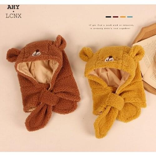Lovely bear Baby hat Kids Boy Girl Hooded Scarf Caps Winter Scarf Ear Protection One-piece Cap For Flannel warm hats for 1-8Y