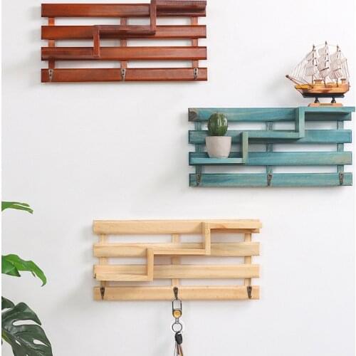 Retro Wood Wall Storage Rack With Hooks Creative Staircase Pastoralism Sundries Wall Decorative Shelves