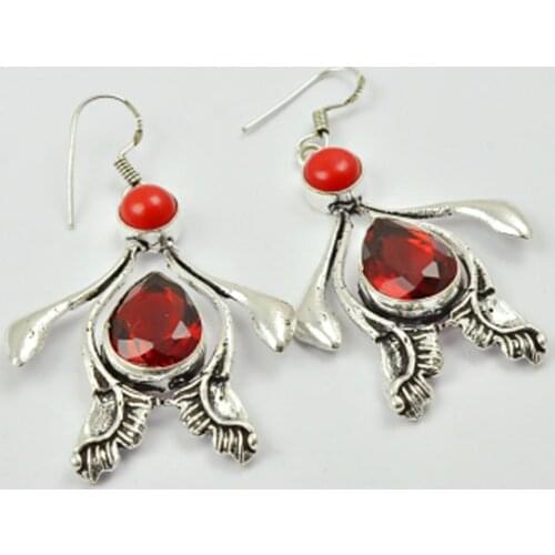 Garnets & Coral , Silver Overlay on Copper Earrings ,60mm , E2685