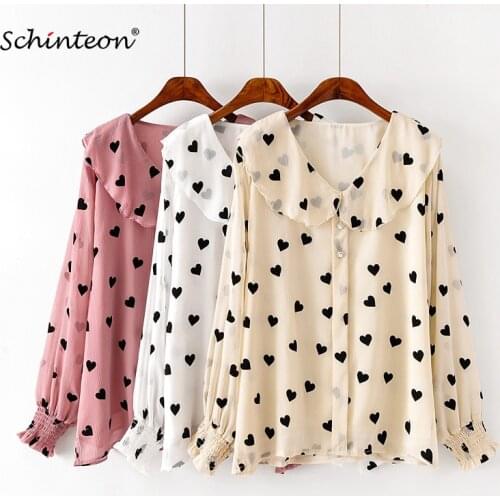 GEMUTLICH Women Big Size Heart Print Shirt Pullover Casual Chiffon Long Sleeve Butterfly Sleeve Turn-down Collar XL-4XL Blouse