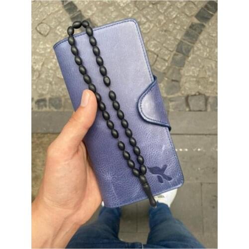 Karali Leather Phone Compartment Crazy Navy Blue Ziplock Genuine Leather Wallet-kuka Rosary Gift