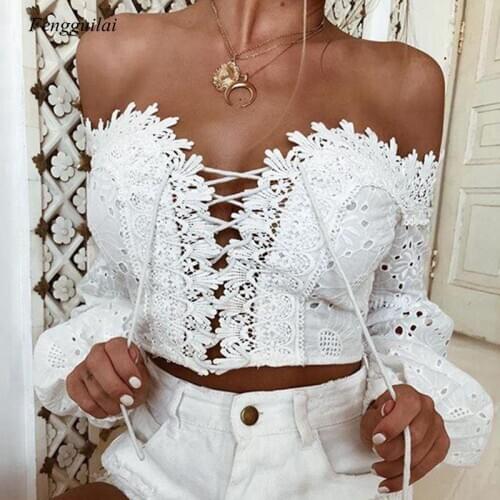 Summer Womens New Sexy Chest Wrapped One Line Collar Lace Up Embroidered Top