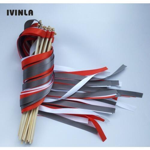Newest 50pcs/lot orange grey and white ribbon wands with gold bell for wedding decoration