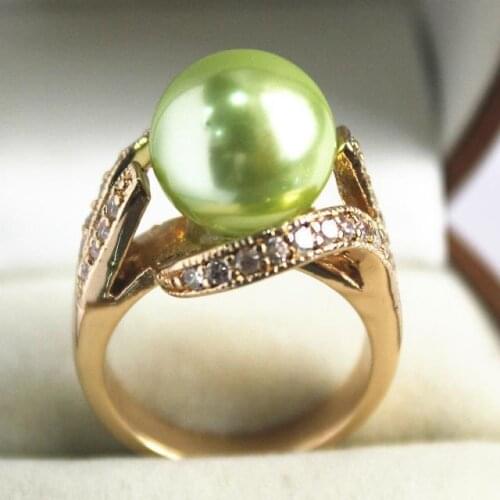 Hot sale>@@ beautiful new jewelry 18KGP with crystal decorated &12mm light green shell pearl ring(#7.8.9)