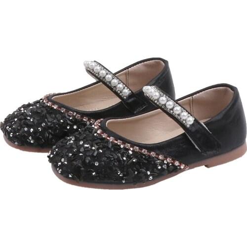 Baby Girls Shoes Children Flats For Toddlers Big Kids Rhinestone With Pearls Bling Glitter Leather Shoes For Wedding Party Show
