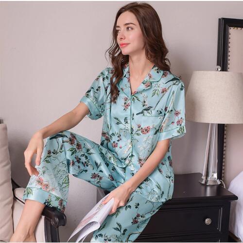Genuine Silk Womens Pajamas 100% Silkworm Silk Sleepwear High Quality Printed Short-Sleeved Pyjama Pants Two-Piece Sets T8152