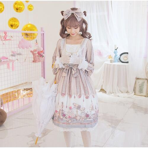 Palace sweet lolita dress retro lace bowknot printing square collar stripe victorian dress kawaii girl gothic lolita op loli cos