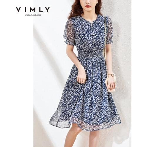 VIMLY New Summer Dress for Women Elegant Round Neck Floral Dresses Vintage Dress High Waist Elastic Womens Sundress F7626
