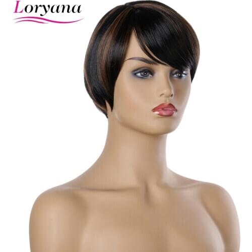 Loryana Synthetic hair Black Brown Realistic natural oblique bangs straight natural short Synthetic hair wigs for women