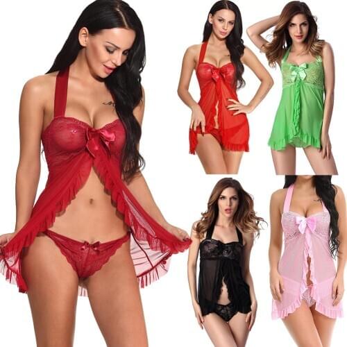 Sexy Women Halter Bow Decor Front Open Nightdress Babydoll Briefs Underwear Set Underwear Set Women Lace Sexy Bra Set