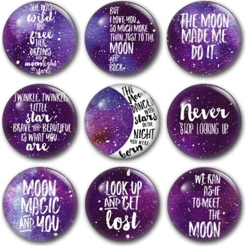 Starry sky moon glass cabochon, good night purple word and letter Round photo glass cabochon demo flat back Making findings
