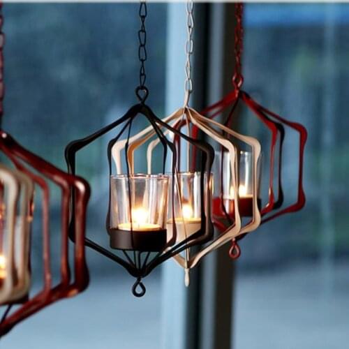 Iron Wire Hanging Moroccan 3D Geometric Tea Light Candle Holder Candlestick Candelabra Mood Light Lantern Case Ornament