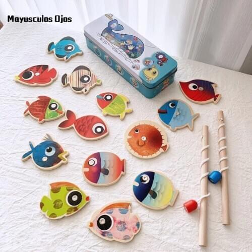 Iron Box Storage Child Fishing Toy Baby Sea Animal Wooden Fishing Rod Tool 1-5 Years Old Gift
