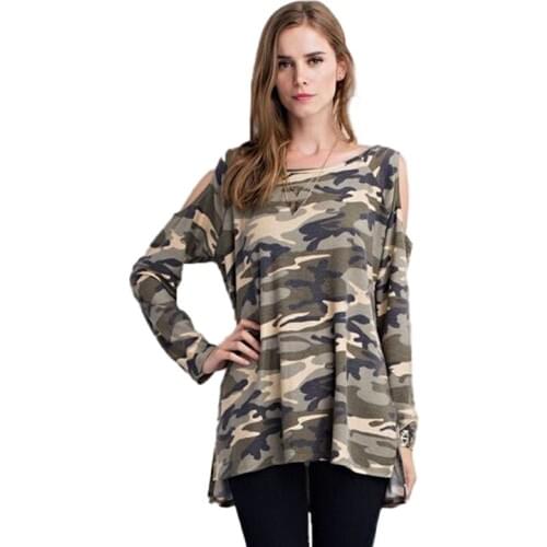 Women Camouflage T-shirt O neck Strapless Long-sleeved T-shirts for Girls Camouflage Printed Woman Plus Size Tops