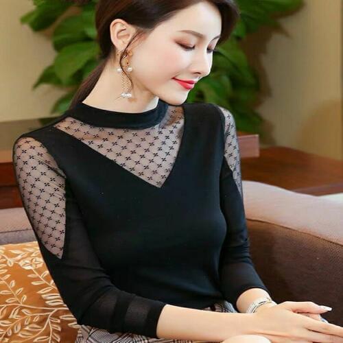 Womens Spring Autumn Mesh Blouse Shirt Womens Lace Patchwork Long Sleeve Hollow Out O-neck Elegant Temperament Tops DD8375