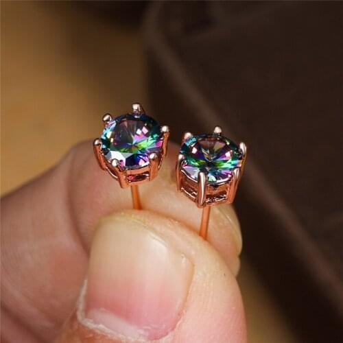 Six Prong Round Zircon Rainbow Stone Stud Earrings For Women Vintage Fashion Crystal Rose Gold/Black/Gold/Silver Color Earrings