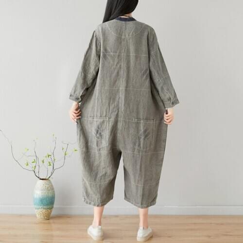 Summer 2020 O-Neck Calf-Length Pants Wide Leg Jumpsuit Women Japan Style Cotton Linen Pockets Vintage Loose Overalls Female