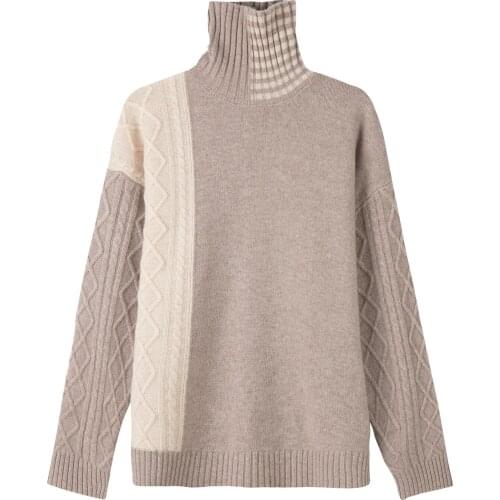 Votsein 2021 Autumn Winter Womens Daily Life Leisure Turtleneck Sweater Warm Wool Long Sleeve Splicing Pullover