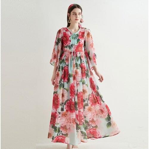 Runway Bohemia Maxi Dresses Women Spring Summer Bat Sleeve Floral Chifffon Beach Long Dress Vintage Robe Longue Dress N77390