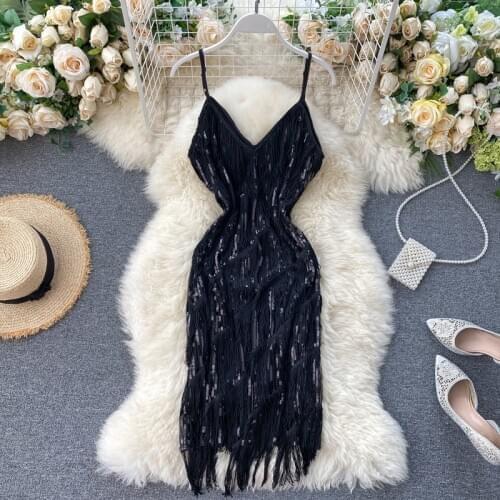 HISUMA 2020 Summer New womens strap v collar sequins tassels waist fairy sheath dress female sling elegant bling mesh dresses