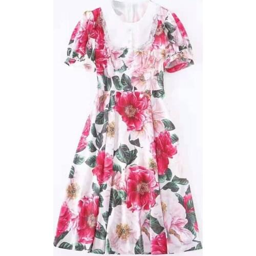 European and American womens wear for spring 2021 With short sleeves Round collar Floral print fashion pleated dress